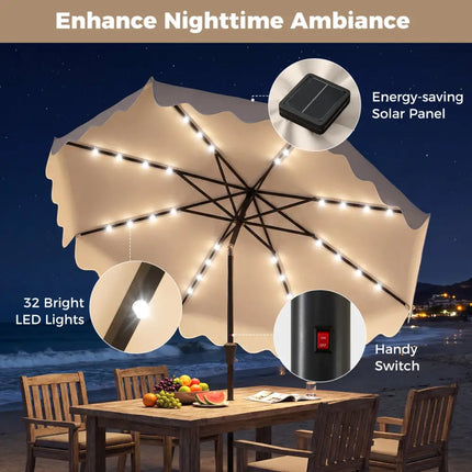 10 FT Outdoor Patio Umbrella with Solar LED Lights and Weighted Base-Beige - Beige - Outdoor Umbrellas