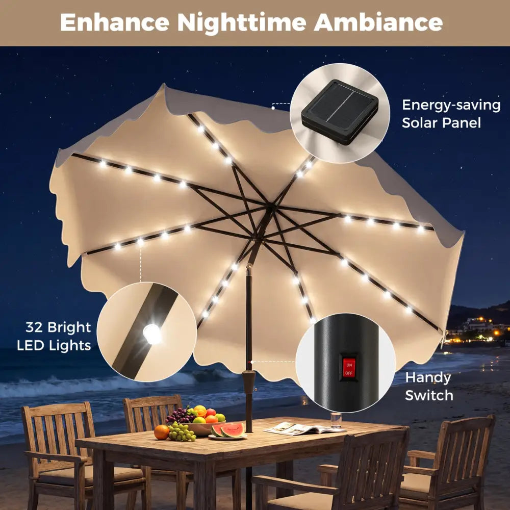 10 FT Outdoor Patio Umbrella with Solar LED Lights and Weighted Base-Beige - Beige - Outdoor Umbrellas