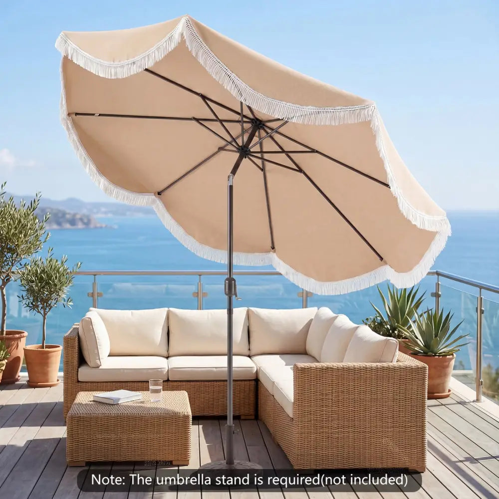 10 FT Outdoor Tassel Umbrella with Push Button Tilt-White - Beige - Outdoor Umbrellas