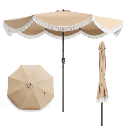 10 FT Outdoor Tassel Umbrella with Push Button Tilt-White - Beige - Outdoor Umbrellas