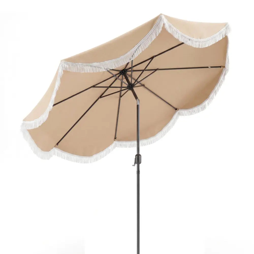 10 FT Outdoor Tassel Umbrella with Push Button Tilt-White - Beige - Outdoor Umbrellas
