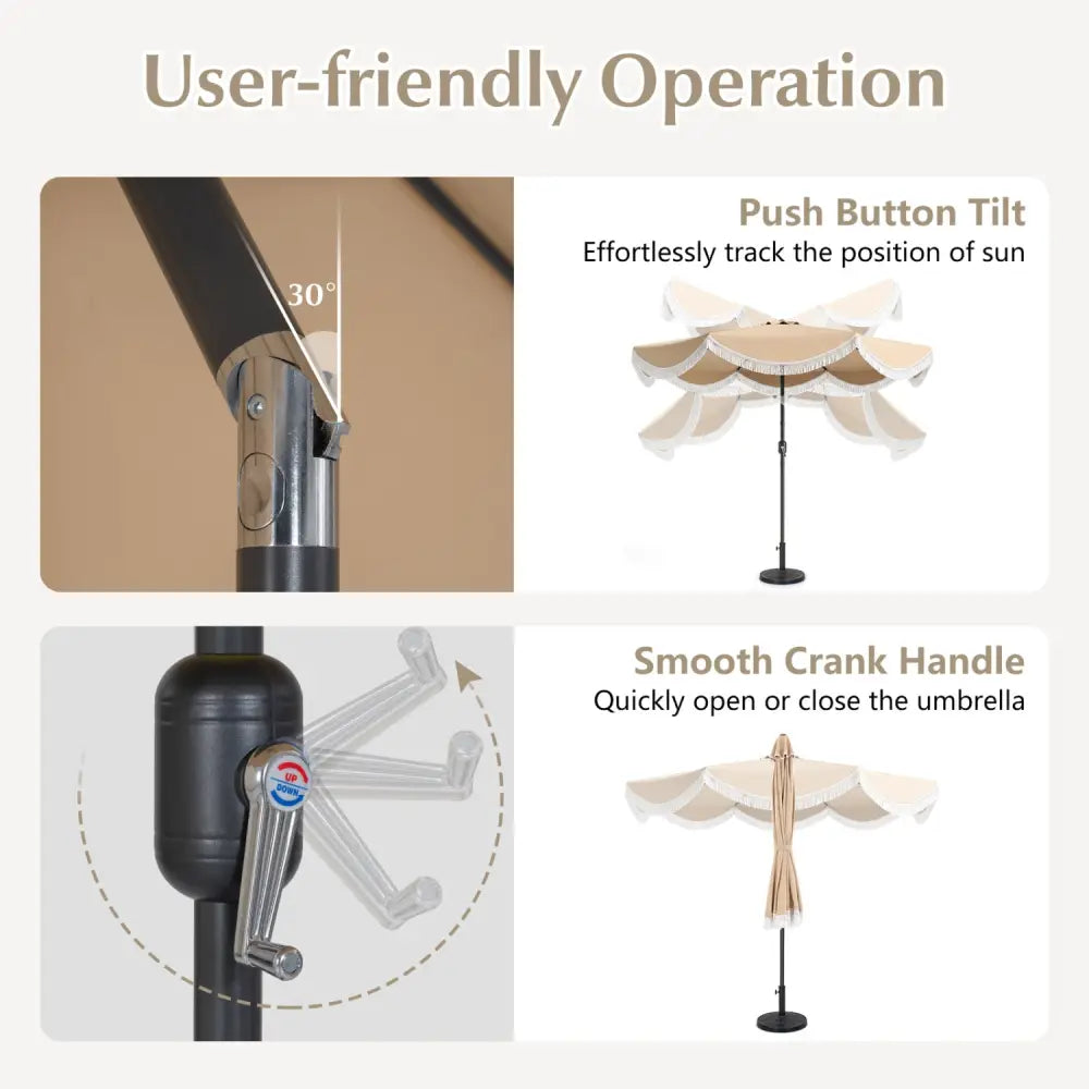 10 FT Outdoor Tassel Umbrella with Push Button Tilt-White - Beige - Outdoor Umbrellas