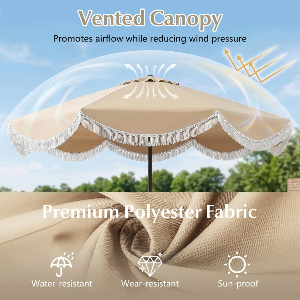 10 FT Outdoor Tassel Umbrella with Push Button Tilt-White - Beige - Outdoor Umbrellas