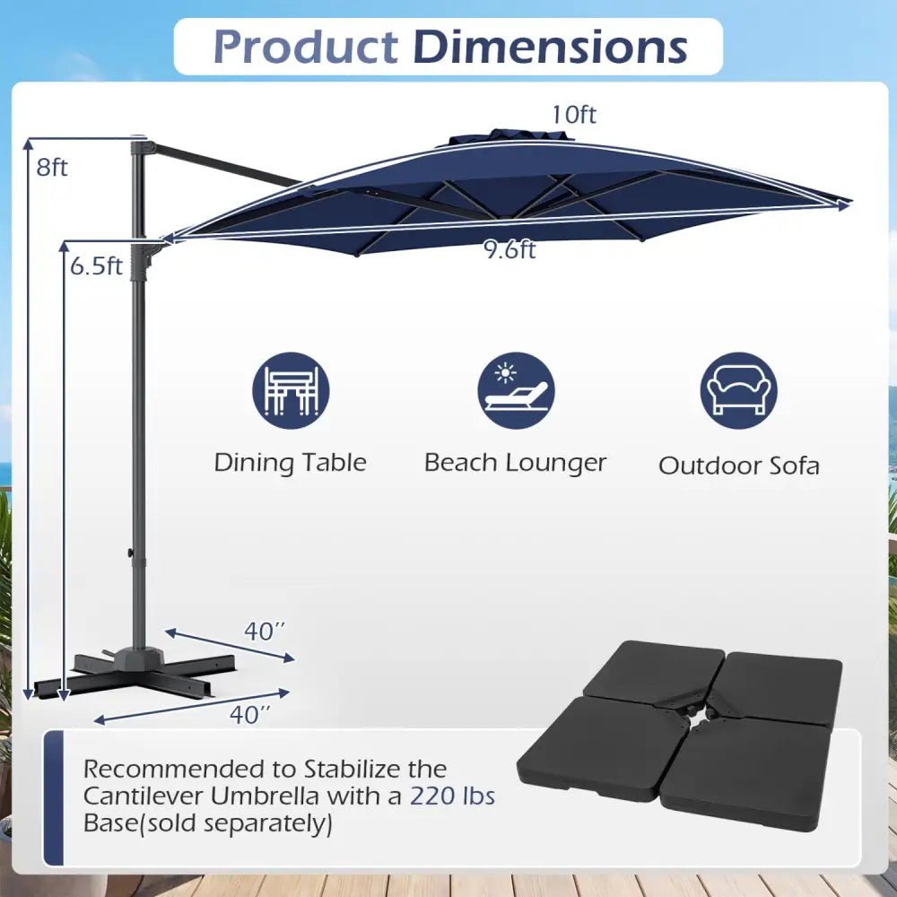 10 FT Patio Cantilever Umbrella with 360° Rotation and Air Vent for Backyard and Poolside-Blue - Blue - Outdoor