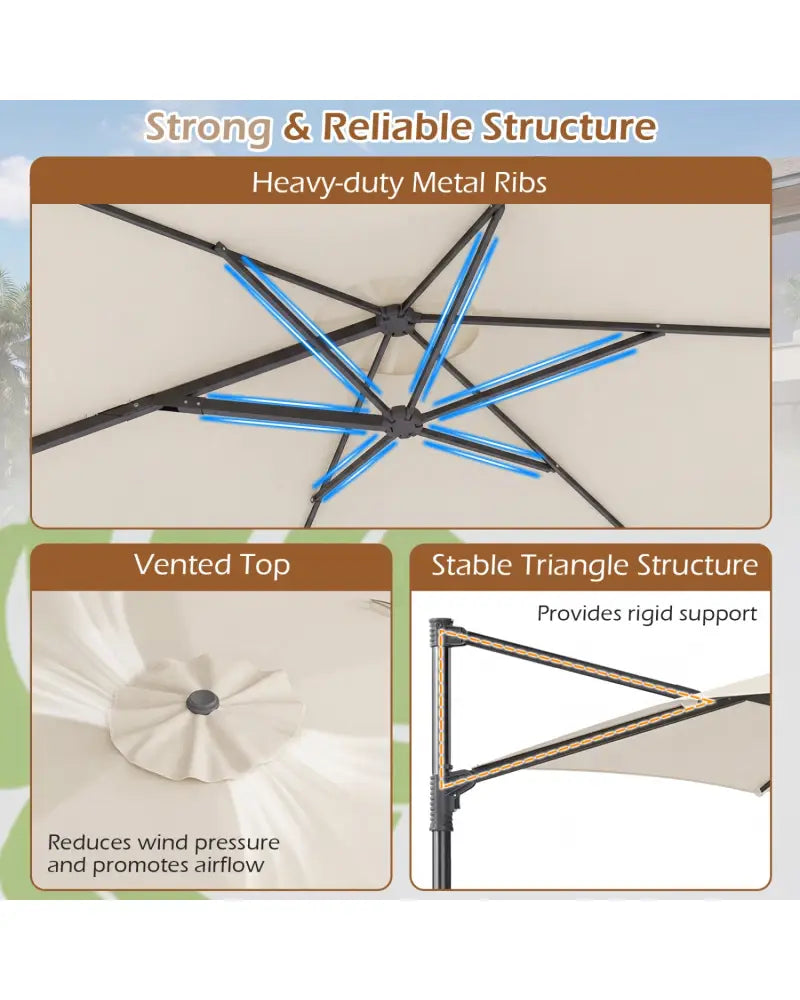 10 FT Patio Cantilever Umbrella with 360° Rotation and Air Vent for Backyard and Poolside-Beige - Beige - Outdoor