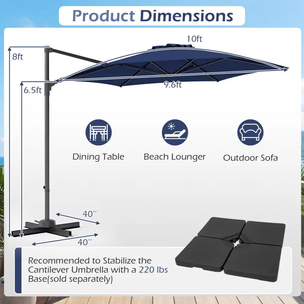 10 FT Patio Cantilever Umbrella with 360° Rotation and Air Vent for Backyard and Poolside-Blue - Blue - Outdoor