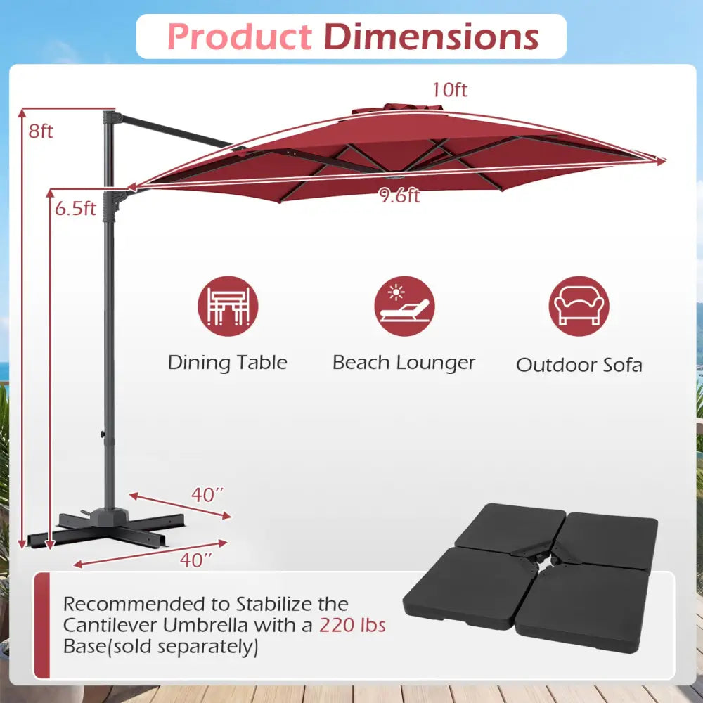 10 FT Patio Cantilever Umbrella with 360° Rotation and Air Vent for Backyard and Poolside-Wine - Wine - Outdoor