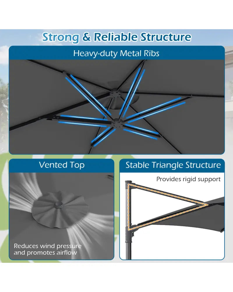 10 FT Patio Cantilever Umbrella with 360° Rotation and Air Vent for Backyard and Poolside-Gray - Gray - Outdoor