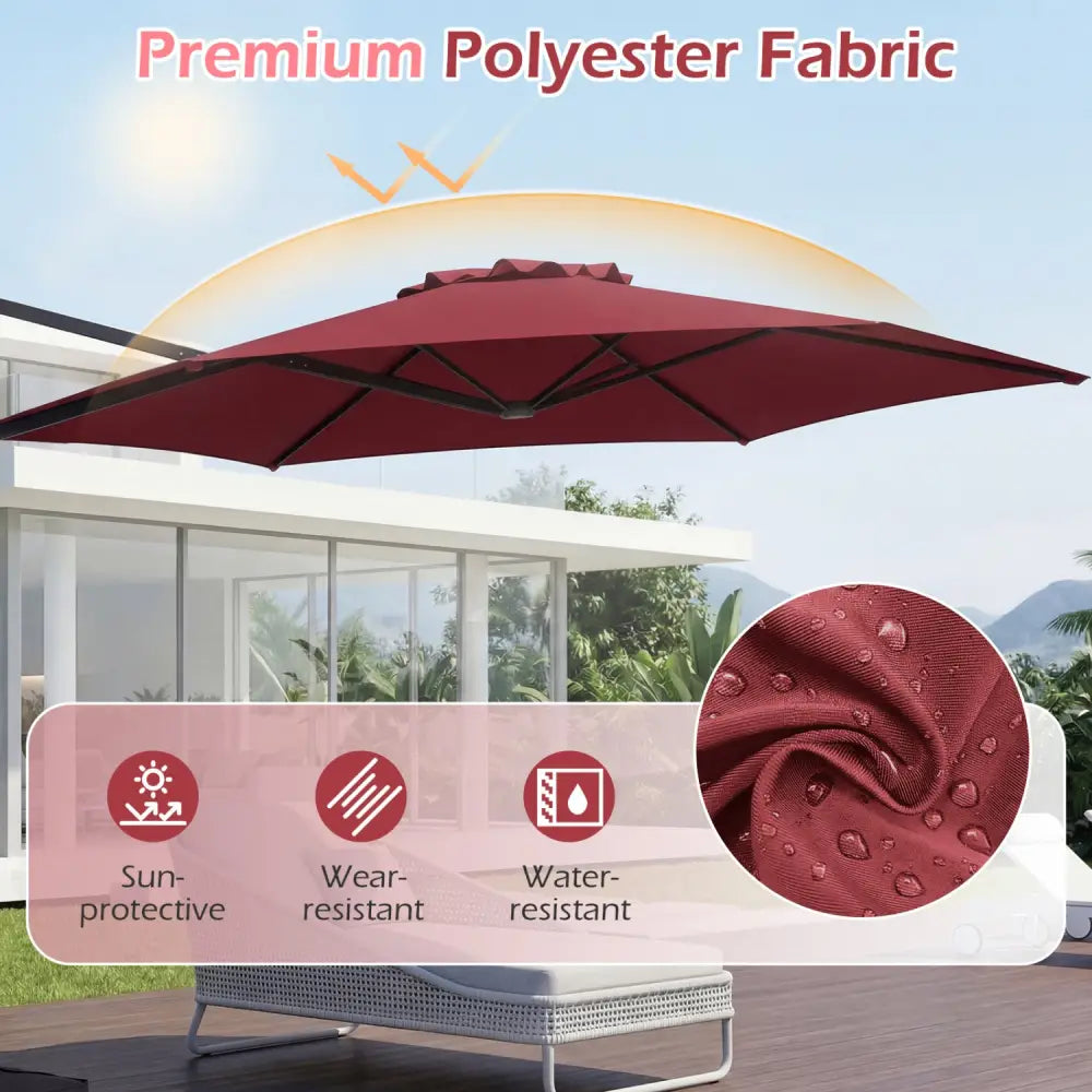 10 FT Patio Cantilever Umbrella with 360° Rotation and Air Vent for Backyard and Poolside-Wine - Wine - Outdoor