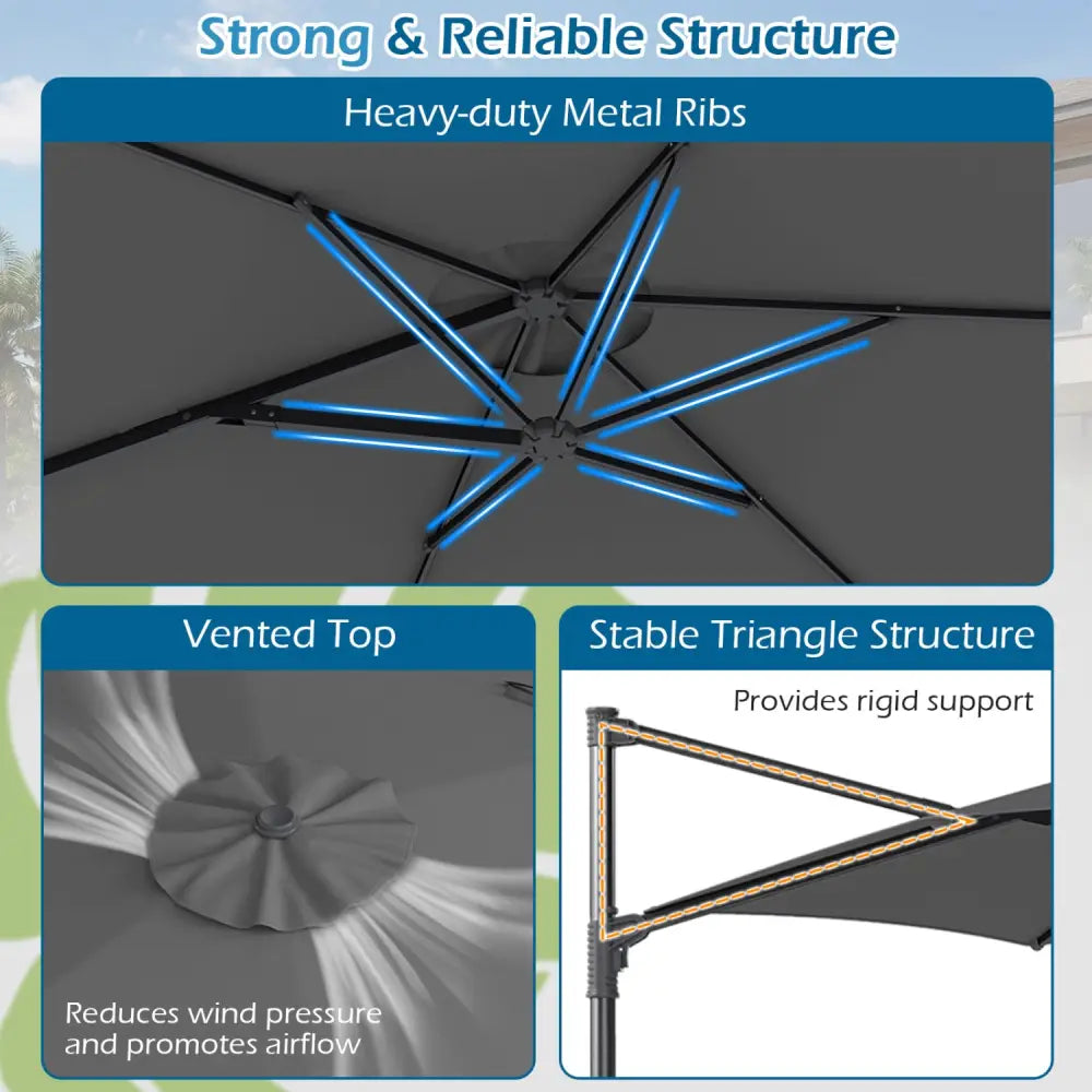 10 FT Patio Cantilever Umbrella with 360° Rotation and Air Vent for Backyard and Poolside-Gray - Gray - Outdoor