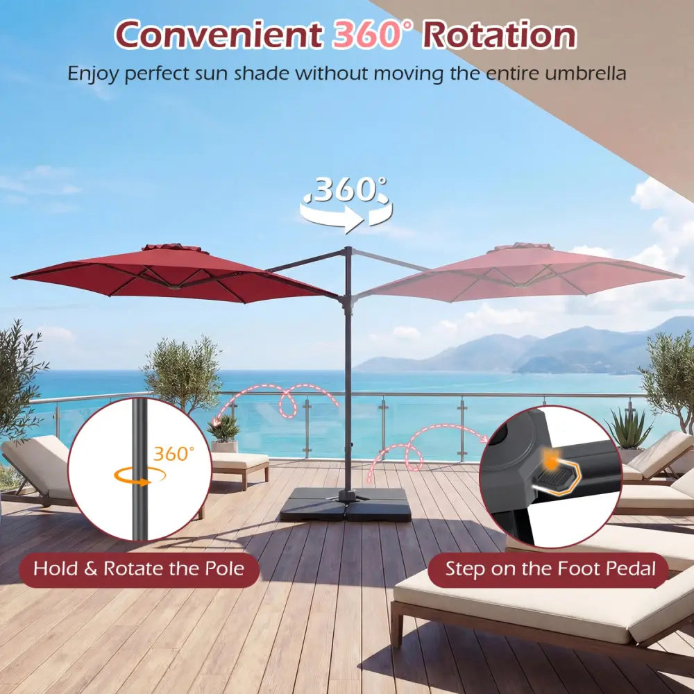 10 FT Patio Cantilever Umbrella with 360° Rotation and Air Vent for Backyard and Poolside-Wine - Wine - Outdoor