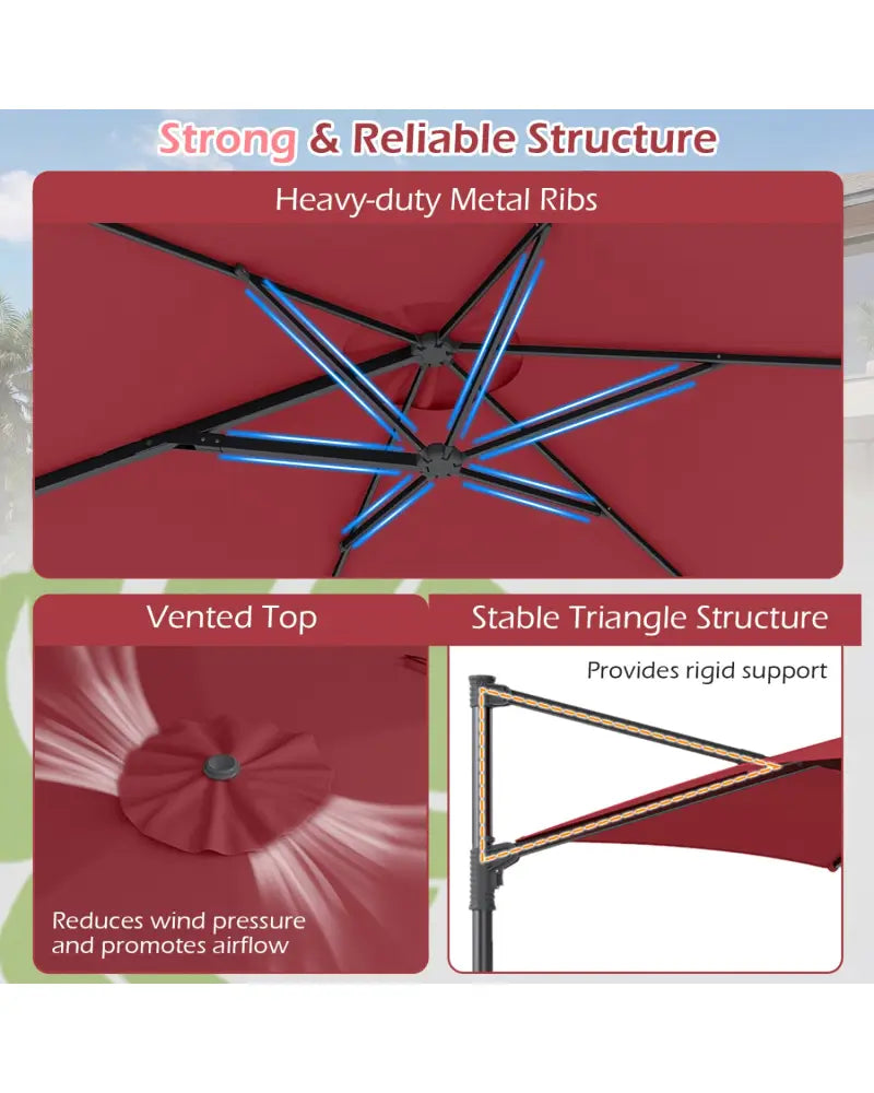 10 FT Patio Cantilever Umbrella with 360° Rotation and Air Vent for Backyard and Poolside-Wine - Wine - Outdoor