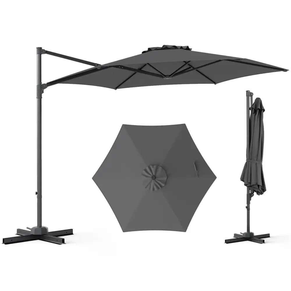 10 FT Patio Cantilever Umbrella with 360° Rotation and Air Vent for Backyard and Poolside-Gray - Gray - Outdoor