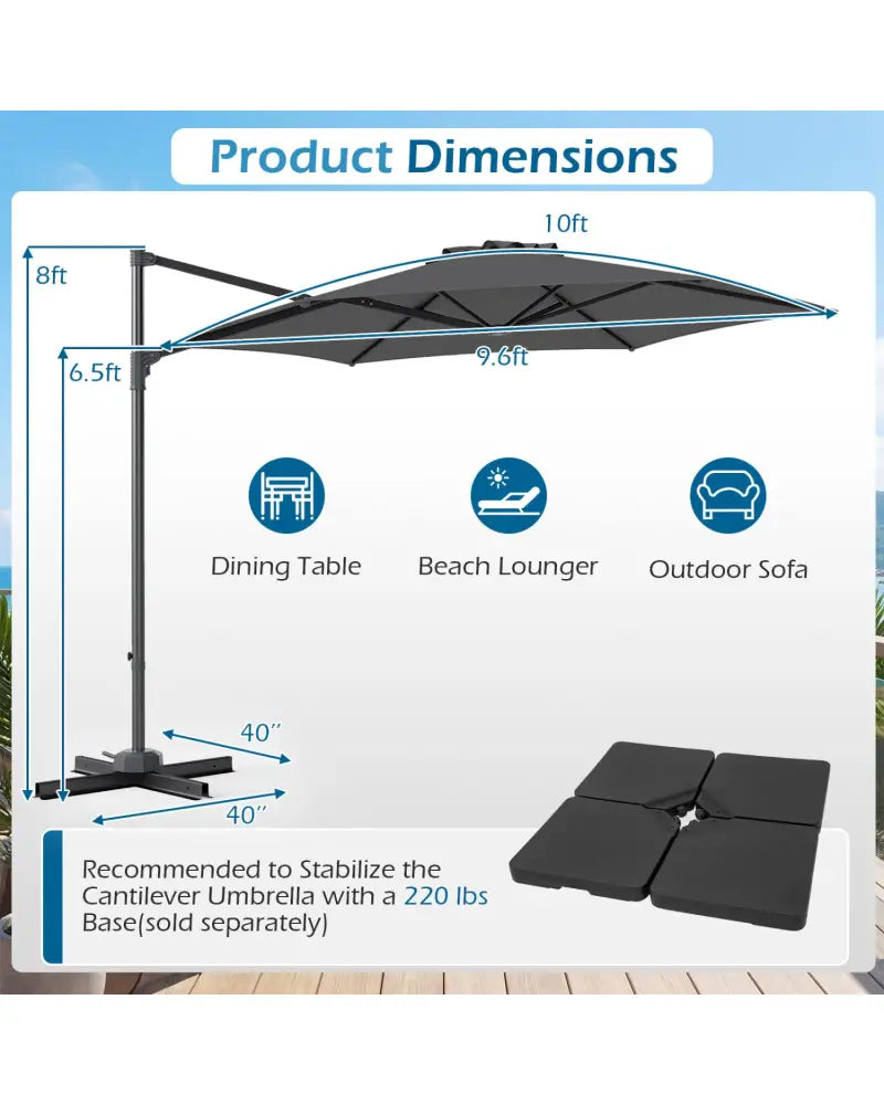 10 FT Patio Cantilever Umbrella with 360° Rotation and Air Vent for Backyard and Poolside-Gray - Gray - Outdoor