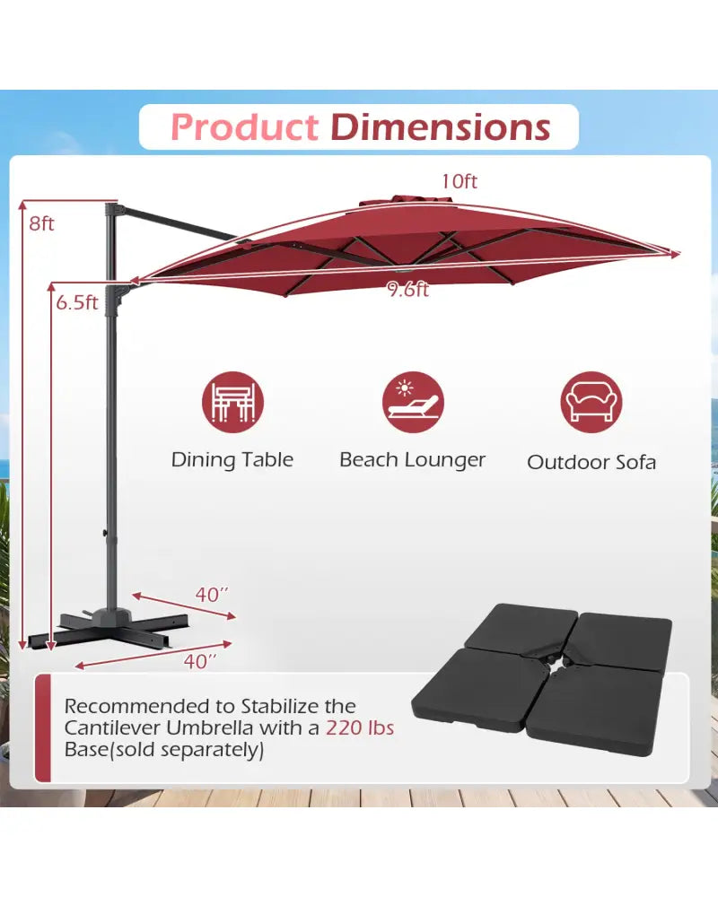 10 FT Patio Cantilever Umbrella with 360° Rotation and Air Vent for Backyard and Poolside-Wine - Wine - Outdoor