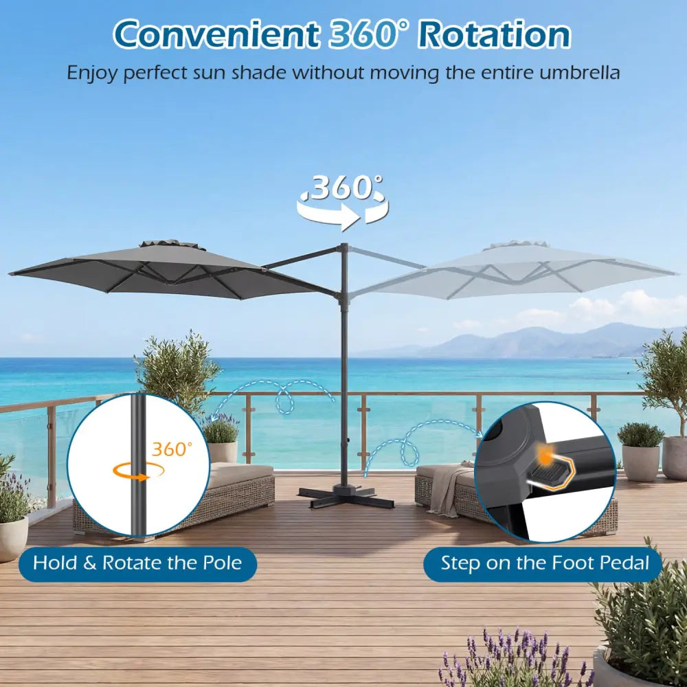 10 FT Patio Cantilever Umbrella with 360° Rotation and Air Vent for Backyard and Poolside-Gray - Gray - Outdoor