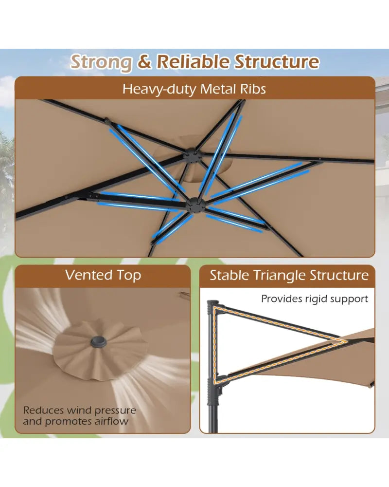 10 FT Patio Cantilever Umbrella with 360° Rotation and Air Vent for Backyard and Poolside-Tan - Tan - Outdoor Umbrellas