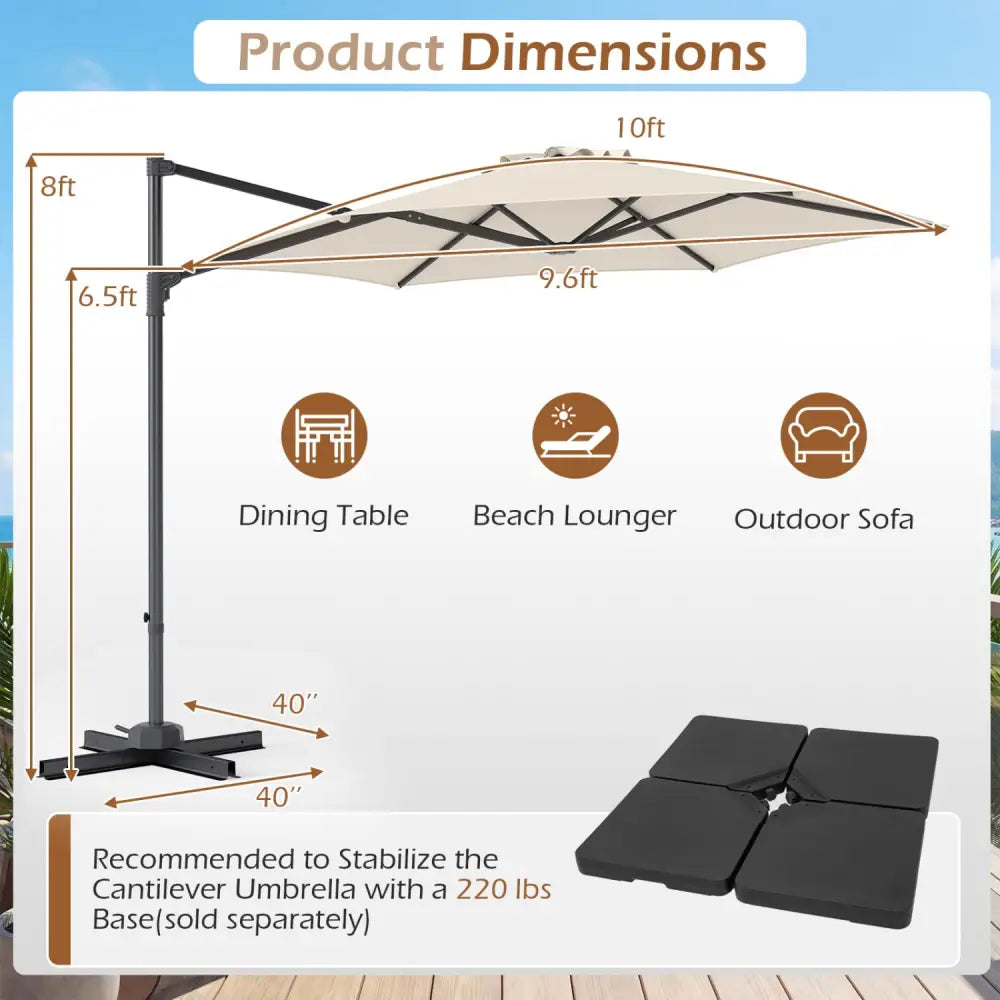 10 FT Patio Cantilever Umbrella with 360° Rotation and Air Vent for Backyard and Poolside-Beige - Beige - Outdoor