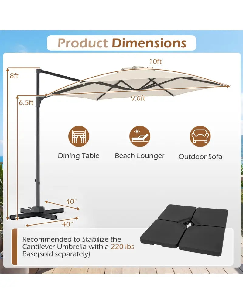 10 FT Patio Cantilever Umbrella with 360° Rotation and Air Vent for Backyard and Poolside-Beige - Beige - Outdoor