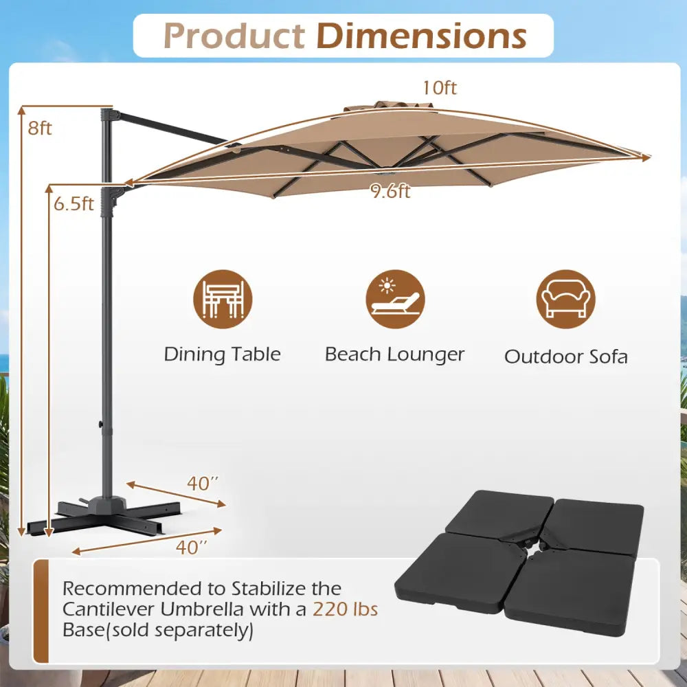 10 FT Patio Cantilever Umbrella with 360° Rotation and Air Vent for Backyard and Poolside-Tan - Tan - Outdoor Umbrellas
