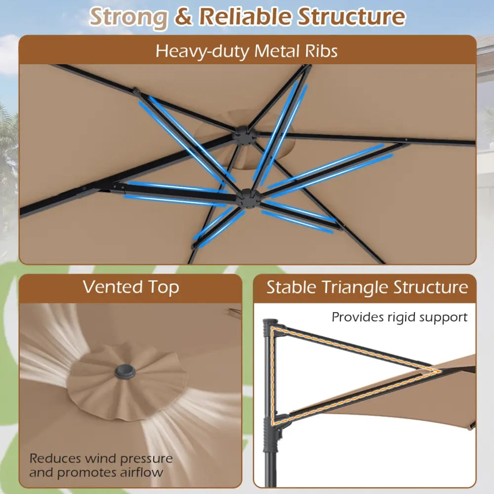 10 FT Patio Cantilever Umbrella with 360° Rotation and Air Vent for Backyard and Poolside-Tan - Tan - Outdoor Umbrellas