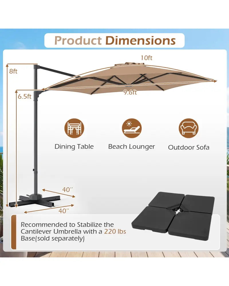 10 FT Patio Cantilever Umbrella with 360° Rotation and Air Vent for Backyard and Poolside-Tan - Tan - Outdoor Umbrellas