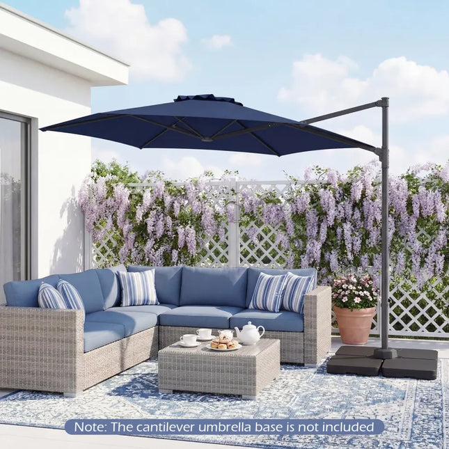 10 FT Patio Cantilever Umbrella with 360° Rotation and Air Vent for Backyard and Poolside-Blue - Blue - Outdoor