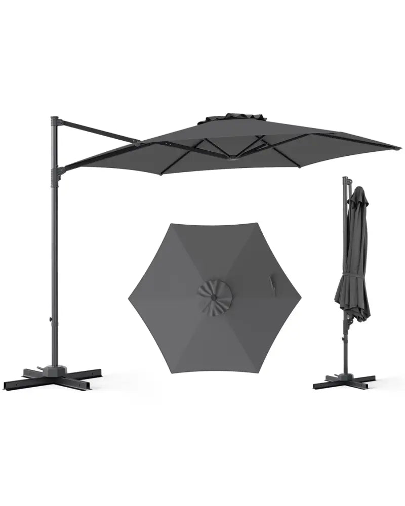 10 FT Patio Cantilever Umbrella with 360° Rotation and Air Vent for Backyard and Poolside-Gray - Gray - Outdoor