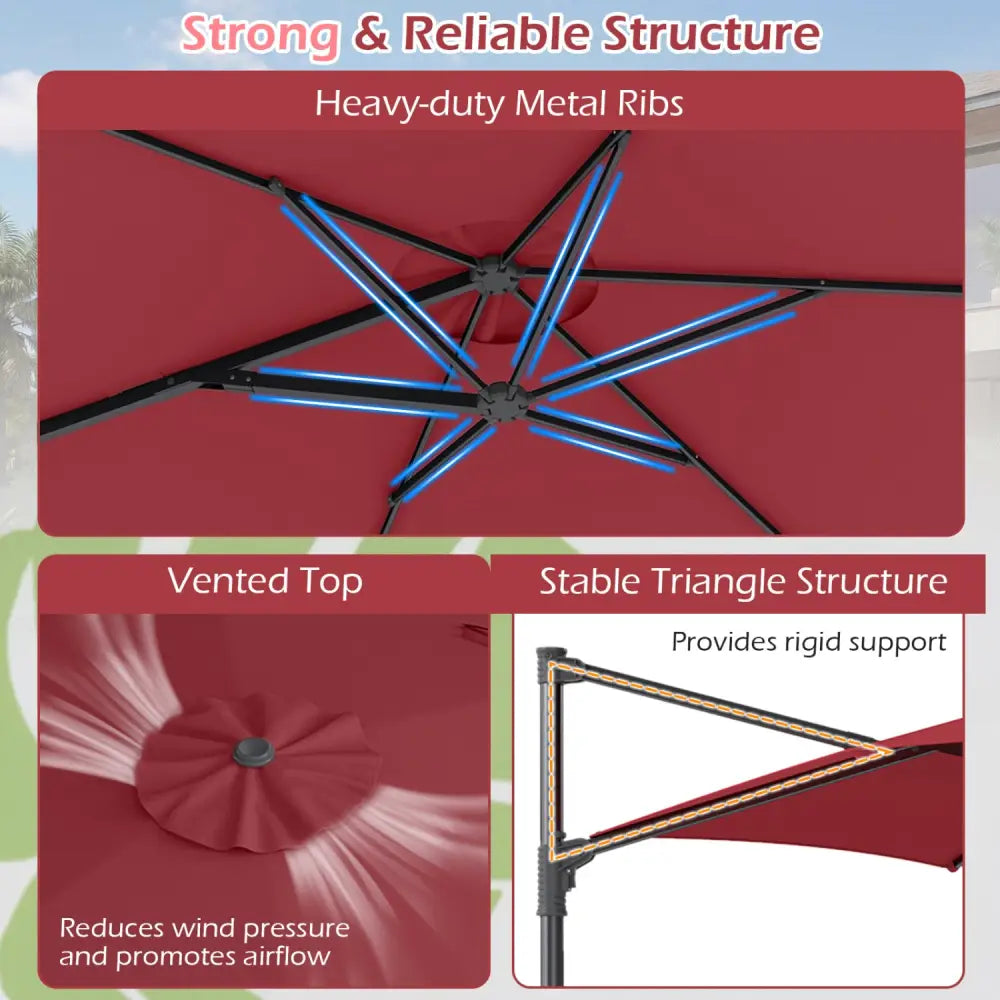 10 FT Patio Cantilever Umbrella with 360° Rotation and Air Vent for Backyard and Poolside-Wine - Wine - Outdoor