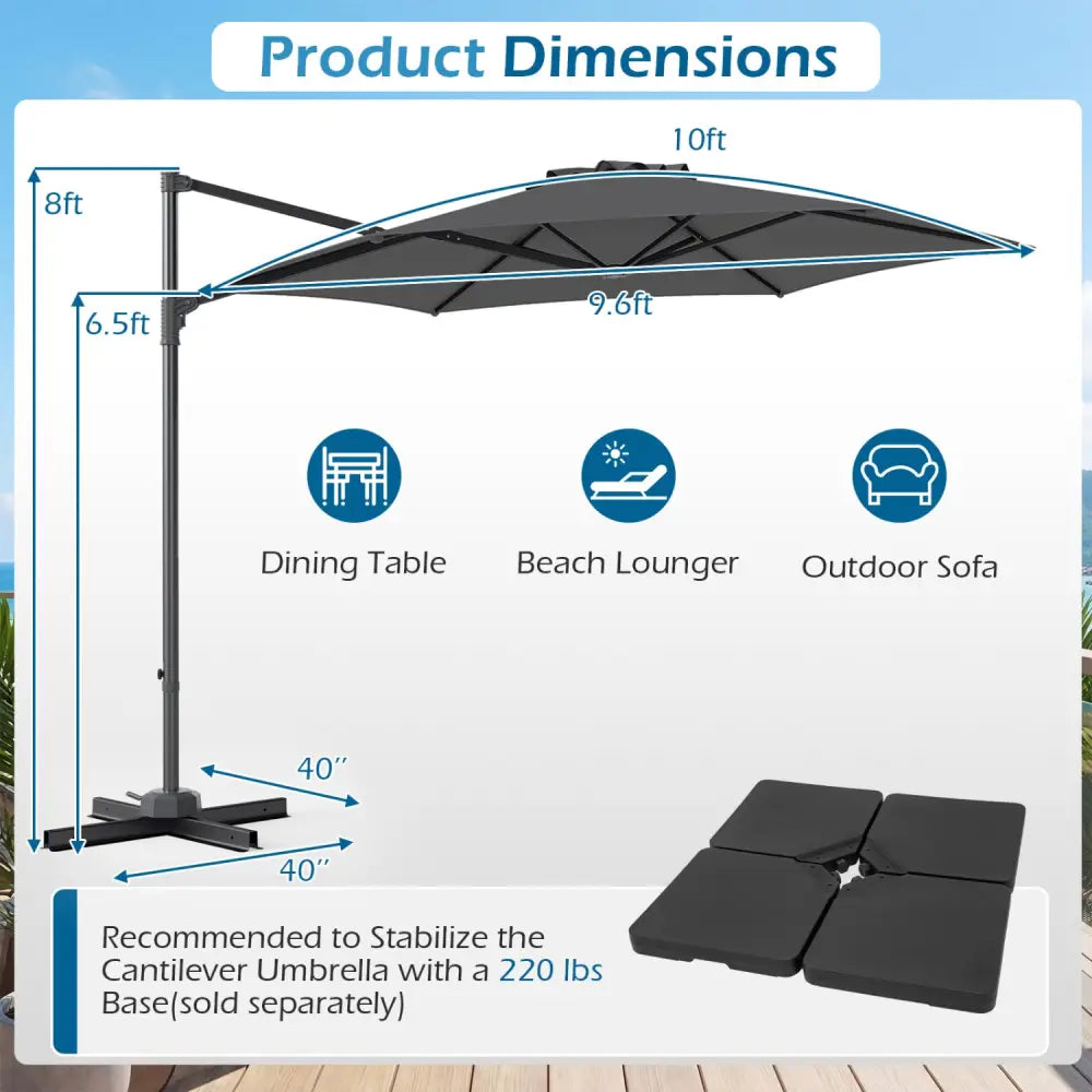 10 FT Patio Cantilever Umbrella with 360° Rotation and Air Vent for Backyard and Poolside-Gray - Gray - Outdoor