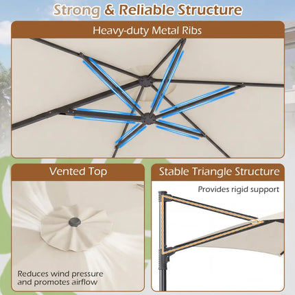 10 FT Patio Cantilever Umbrella with 360° Rotation and Air Vent for Backyard and Poolside-Beige - Beige - Outdoor