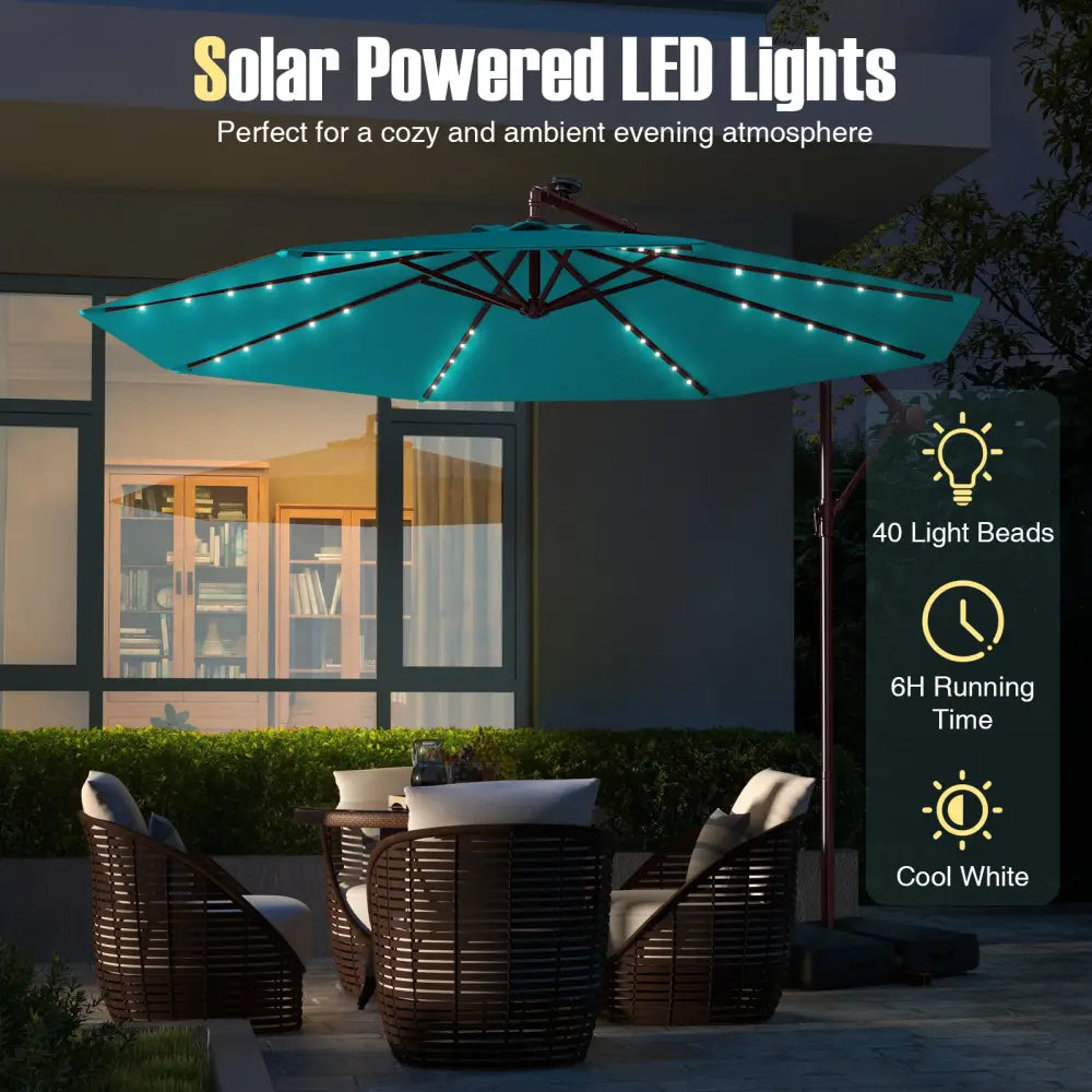 10 Ft Patio Umbrella Offset Cantilever Umbrella with 40 Solar Powered Lights-Turquoise - Turquoise - Outdoor Umbrellas