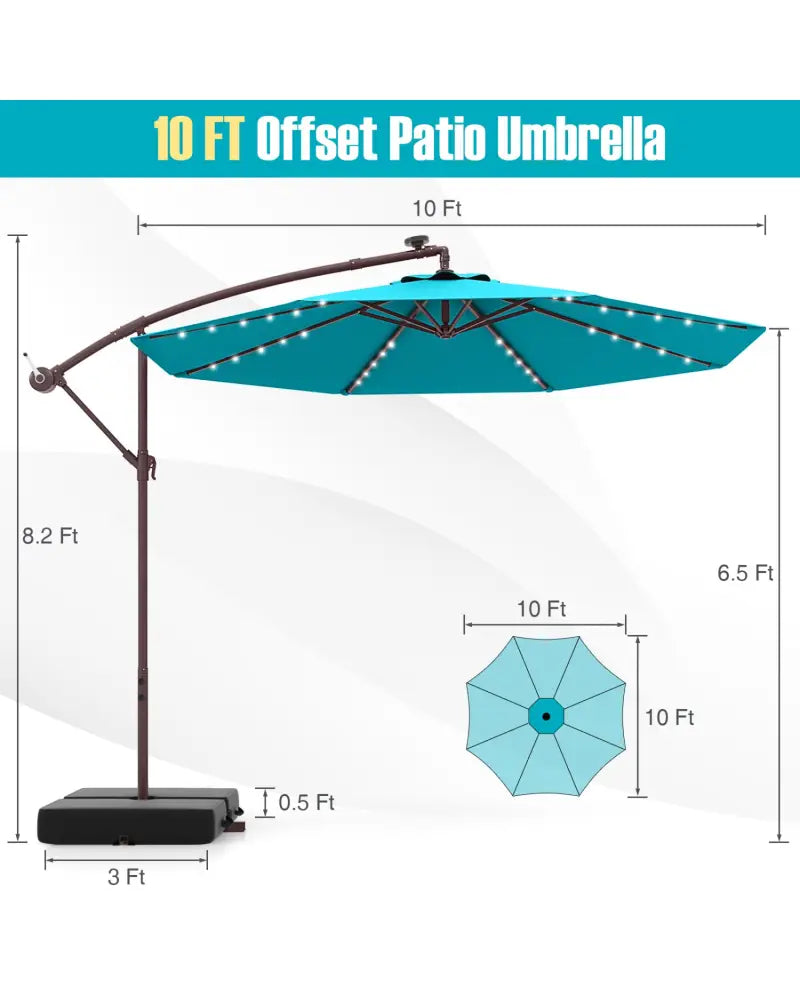 10 Ft Patio Umbrella Offset Cantilever Umbrella with 40 Solar Powered Lights-Turquoise - Turquoise - Outdoor Umbrellas