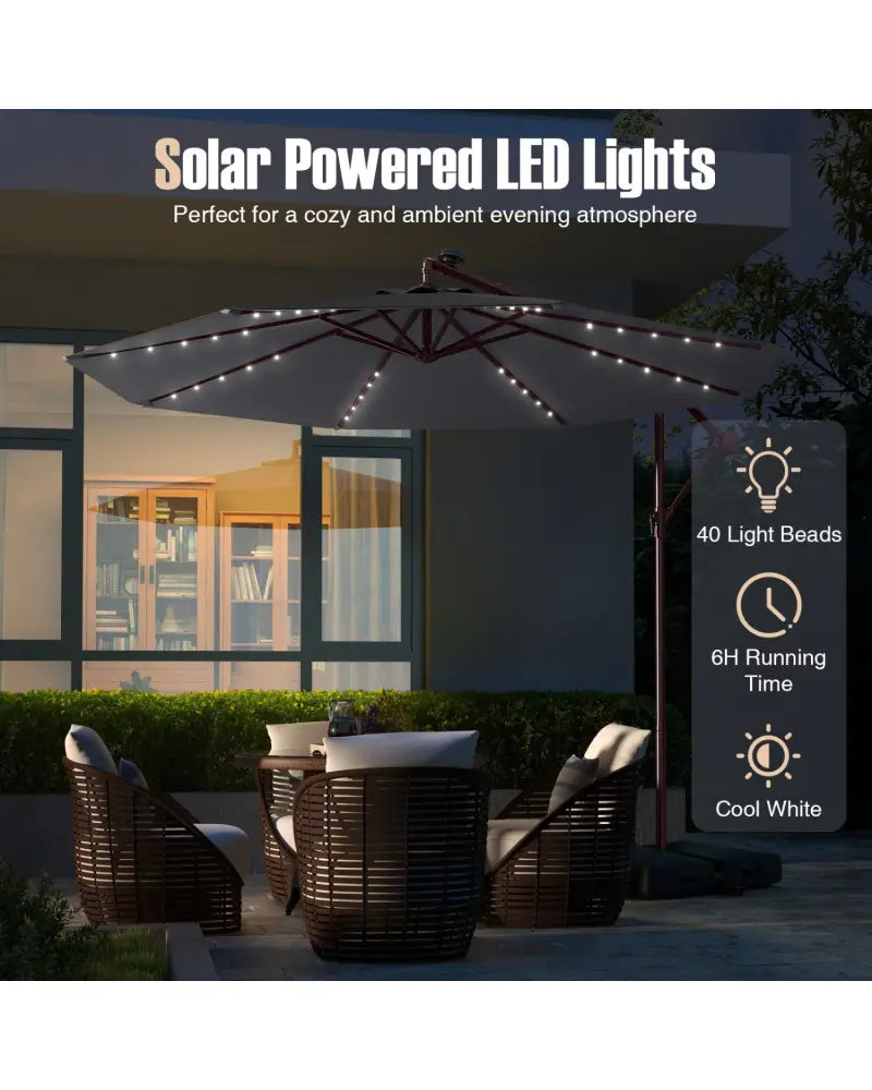 10 Ft Patio Umbrella Offset Cantilever Umbrella with 40 Solar Powered Lights-Gray - Gray - Outdoor Umbrellas