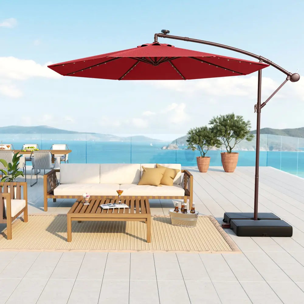 10 Ft Patio Umbrella Offset Cantilever Umbrella with 40 Solar Powered Lights-Red - Red - Outdoor Umbrellas
