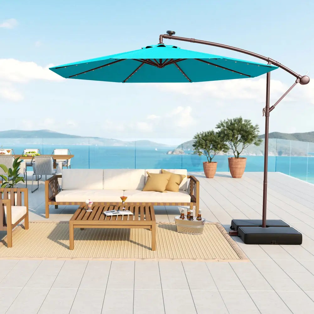 10 Ft Patio Umbrella Offset Cantilever Umbrella with 40 Solar Powered Lights-Turquoise - Turquoise - Outdoor Umbrellas