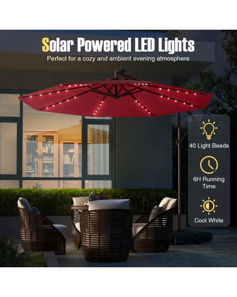 10 Ft Patio Umbrella Offset Cantilever Umbrella with 40 Solar Powered Lights-Red - Red - Outdoor Umbrellas