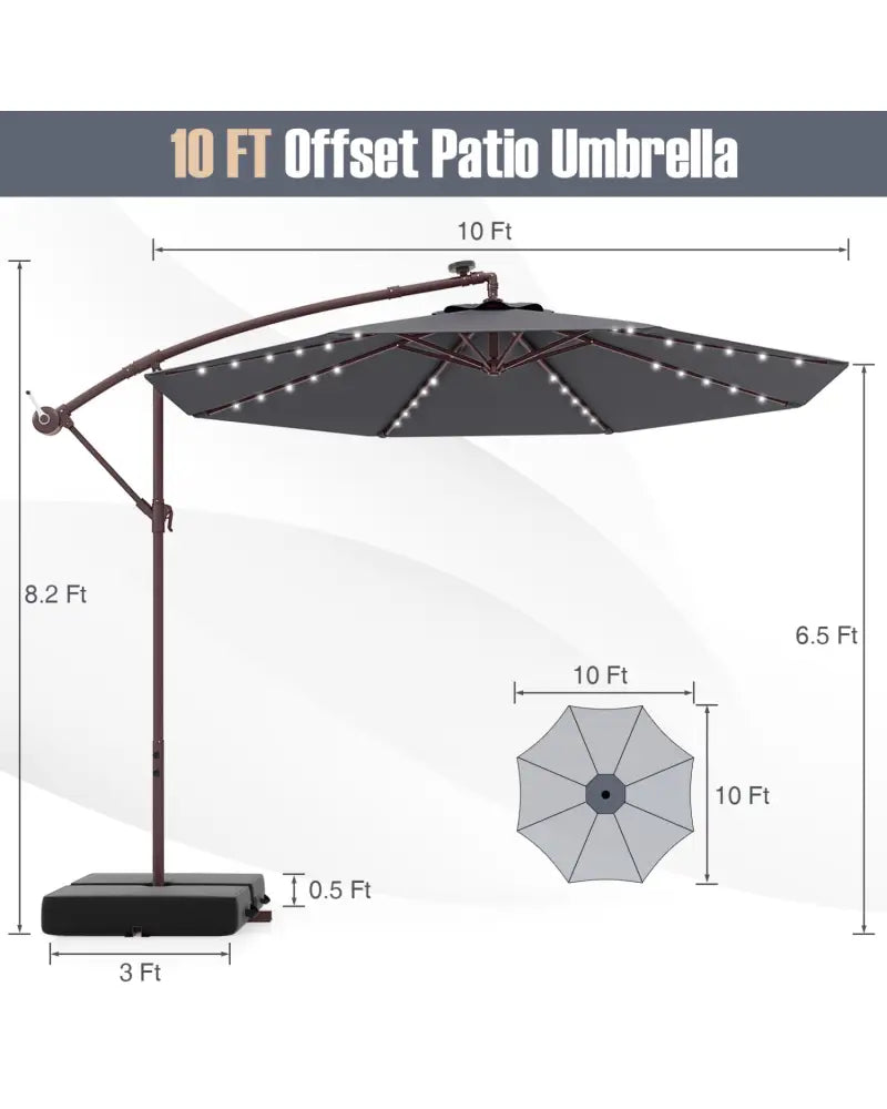 10 Ft Patio Umbrella Offset Cantilever Umbrella with 40 Solar Powered Lights-Gray - Gray - Outdoor Umbrellas