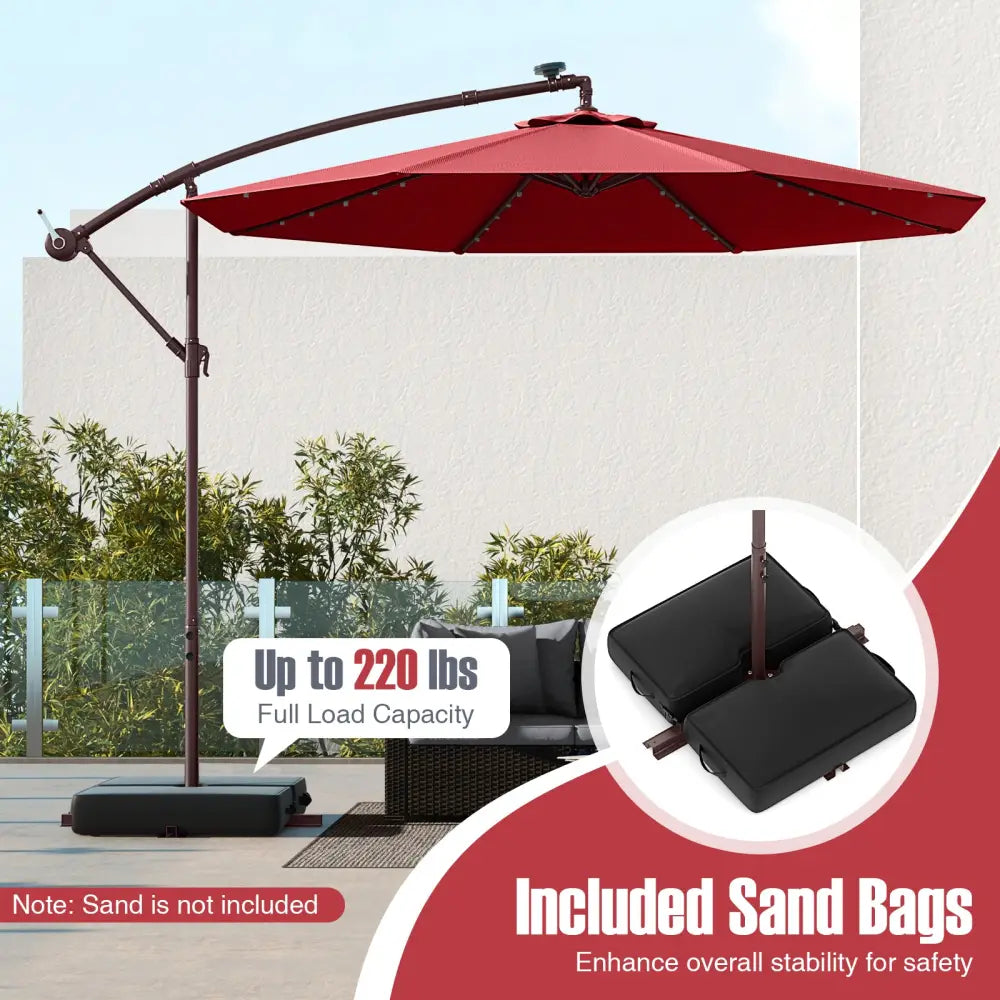 10 Ft Patio Umbrella Offset Cantilever Umbrella with 40 Solar Powered Lights-Red - Red - Outdoor Umbrellas