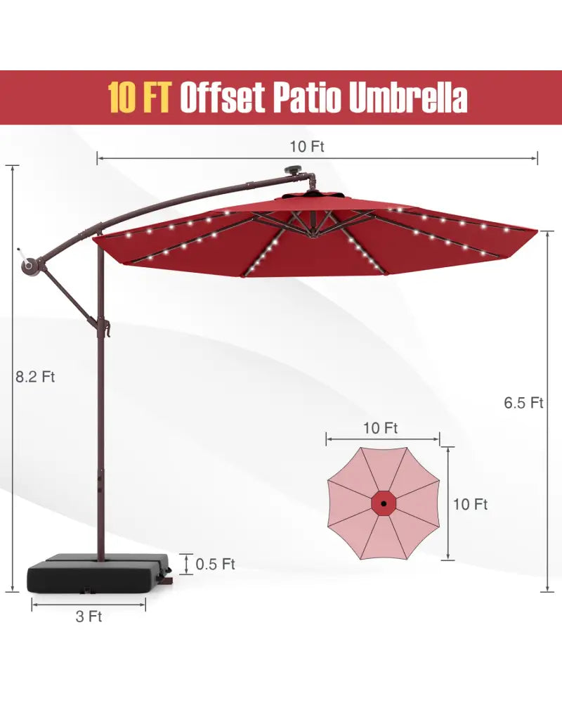 10 Ft Patio Umbrella Offset Cantilever Umbrella with 40 Solar Powered Lights-Red - Red - Outdoor Umbrellas