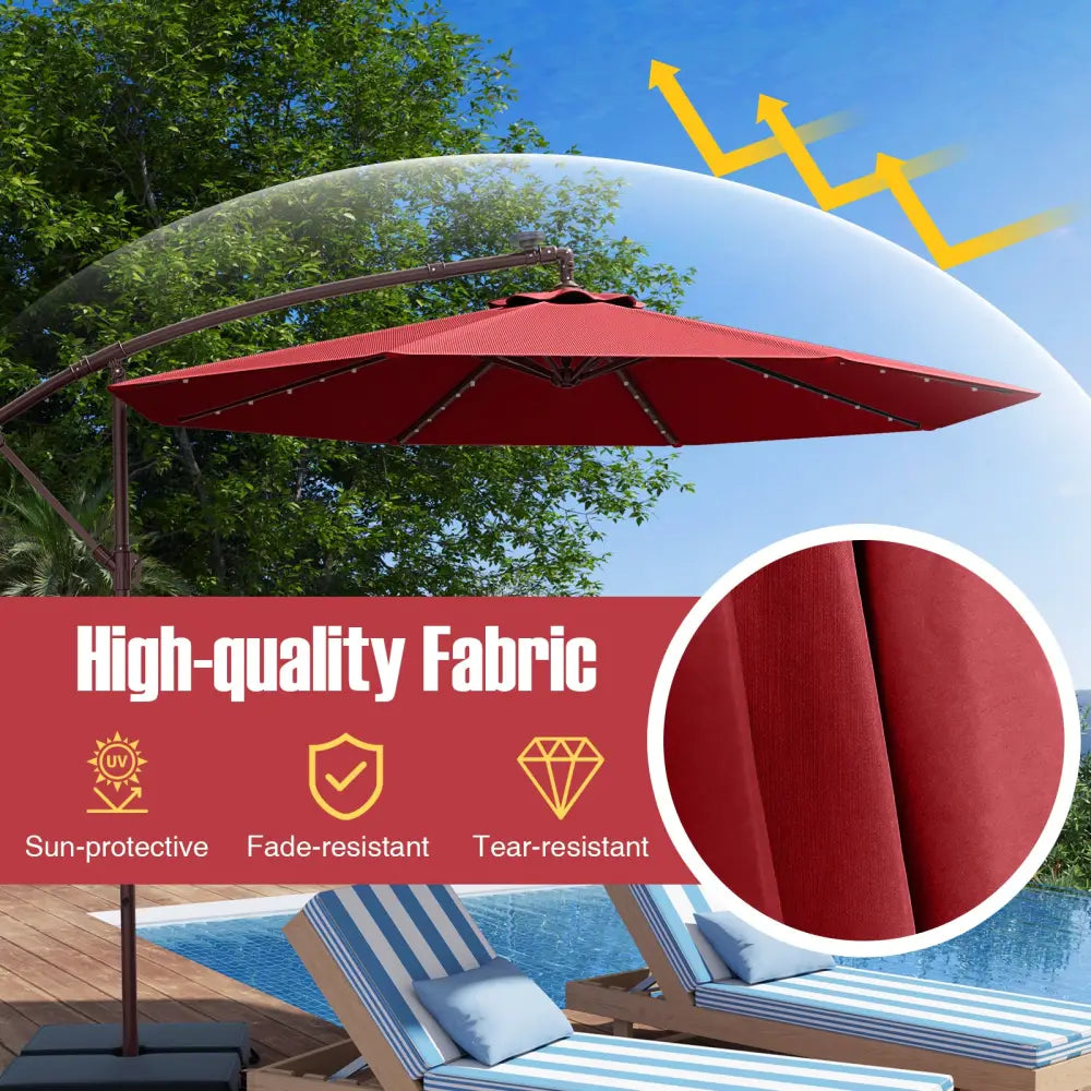 10 Ft Patio Umbrella Offset Cantilever Umbrella with 40 Solar Powered Lights-Red - Red - Outdoor Umbrellas