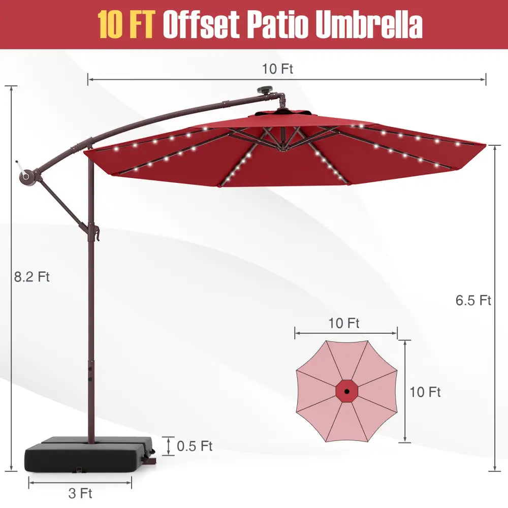 10 Ft Patio Umbrella Offset Cantilever Umbrella with 40 Solar Powered Lights-Red - Red - Outdoor Umbrellas