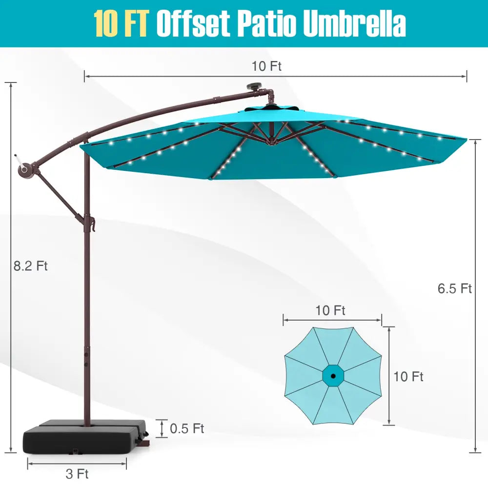 10 Ft Patio Umbrella Offset Cantilever Umbrella with 40 Solar Powered Lights-Turquoise - Turquoise - Outdoor Umbrellas