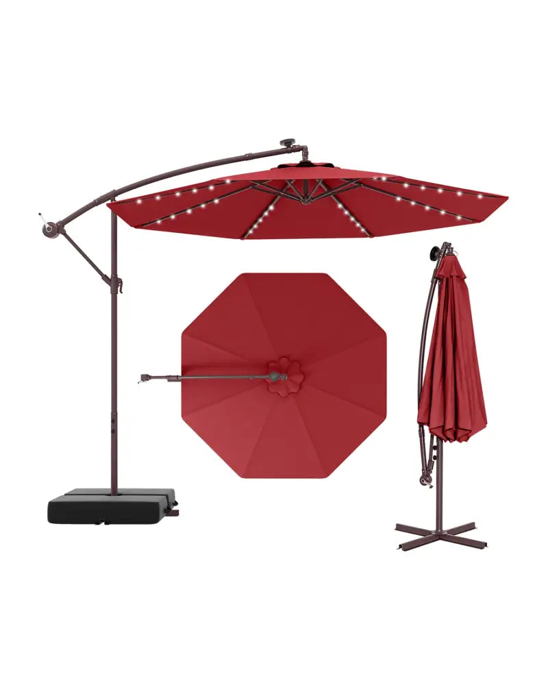 10 Ft Patio Umbrella Offset Cantilever Umbrella with 40 Solar Powered Lights-Red - Red - Outdoor Umbrellas