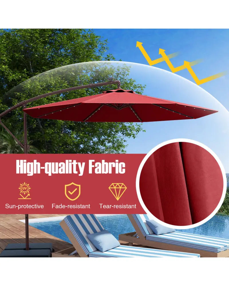 10 Ft Patio Umbrella Offset Cantilever Umbrella with 40 Solar Powered Lights-Red - Red - Outdoor Umbrellas