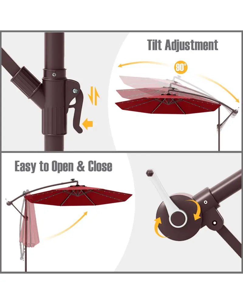 10 Ft Patio Umbrella Offset Cantilever Umbrella with 40 Solar Powered Lights-Red - Red - Outdoor Umbrellas