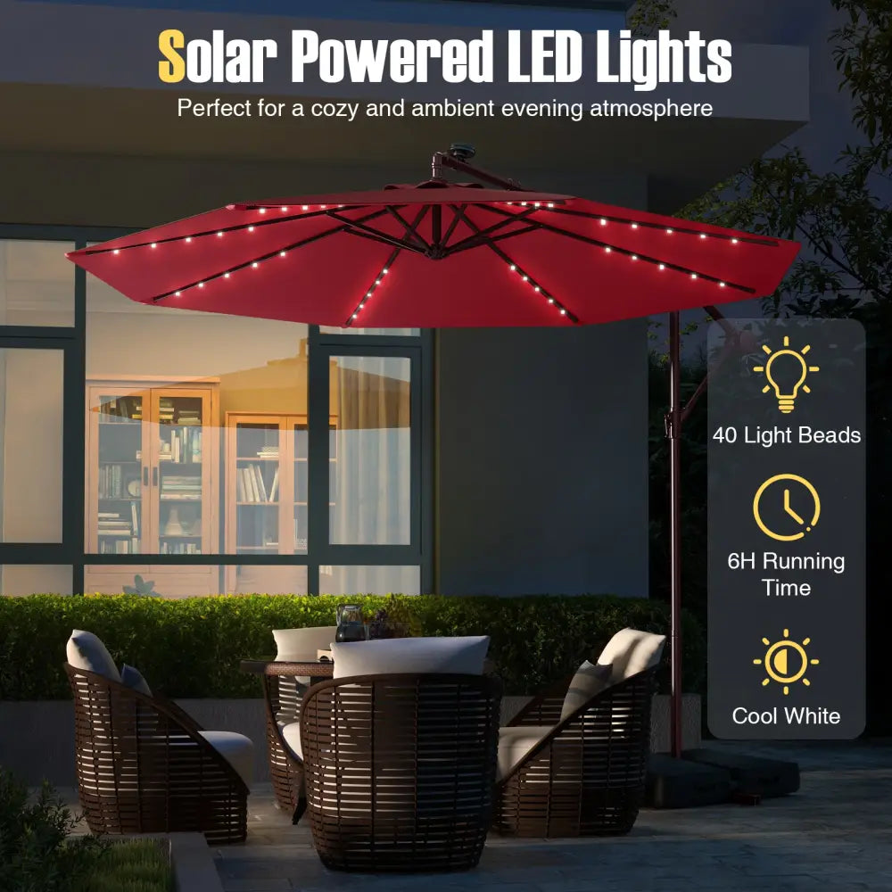 10 Ft Patio Umbrella Offset Cantilever Umbrella with 40 Solar Powered Lights-Red - Red - Outdoor Umbrellas