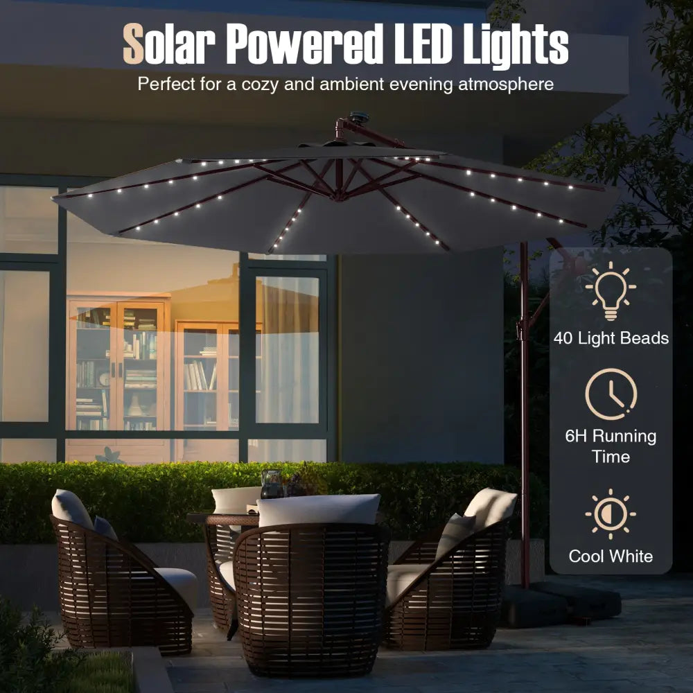 10 Ft Patio Umbrella Offset Cantilever Umbrella with 40 Solar Powered Lights-Gray - Gray - Outdoor Umbrellas