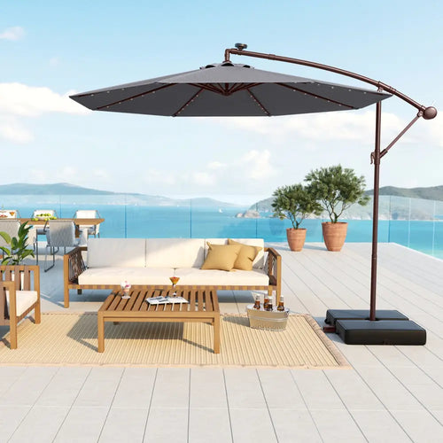10 Ft Patio Umbrella Offset Cantilever Umbrella with 40 Solar Powered Lights-Gray - Gray - Outdoor Umbrellas