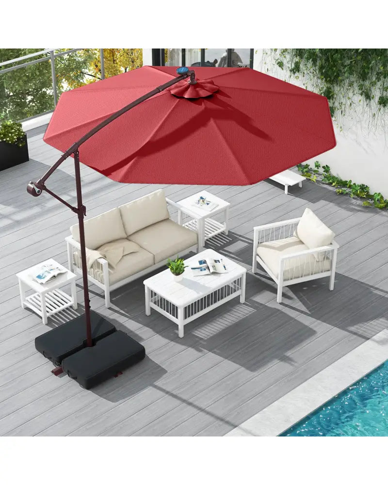 10 Ft Patio Umbrella Offset Cantilever Umbrella with 40 Solar Powered Lights-Red - Red - Outdoor Umbrellas